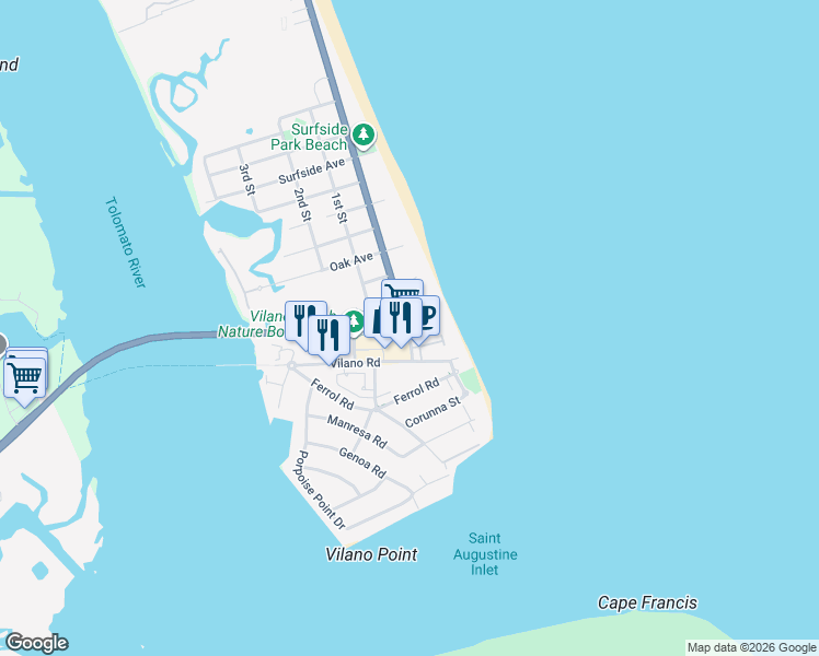 map of restaurants, bars, coffee shops, grocery stores, and more near 2836 Coastal Highway in Saint Augustine