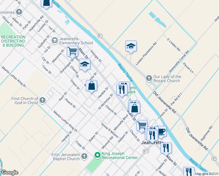 map of restaurants, bars, coffee shops, grocery stores, and more near 1617 Main Street in Jeanerette