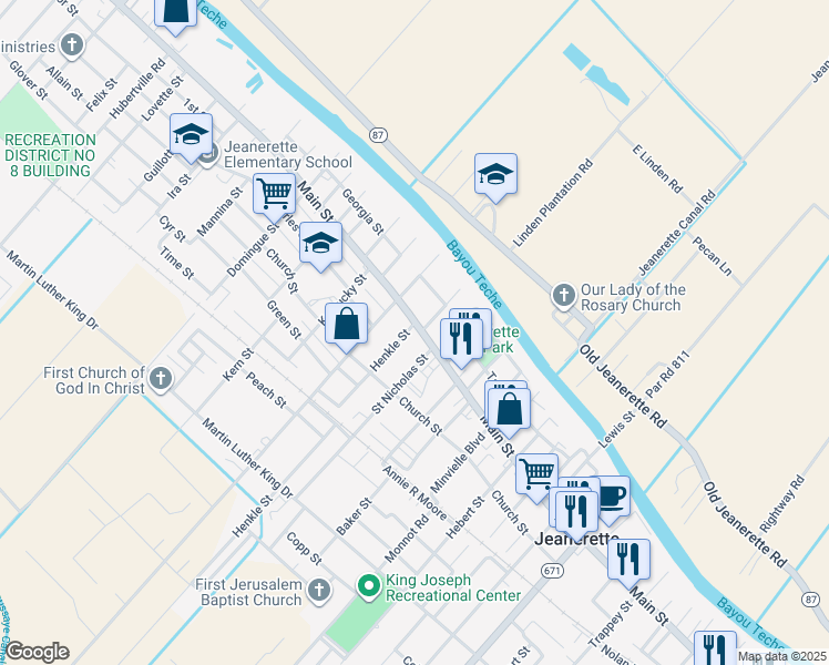 map of restaurants, bars, coffee shops, grocery stores, and more near 1617 Main Street in Jeanerette