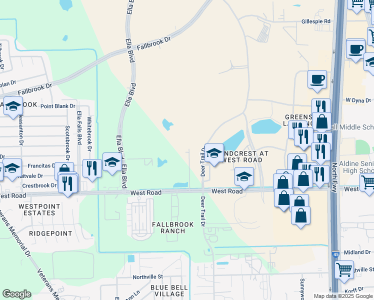 map of restaurants, bars, coffee shops, grocery stores, and more near 410 West Road in Houston