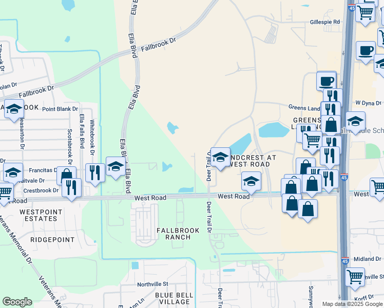 map of restaurants, bars, coffee shops, grocery stores, and more near 410 West Road in Houston