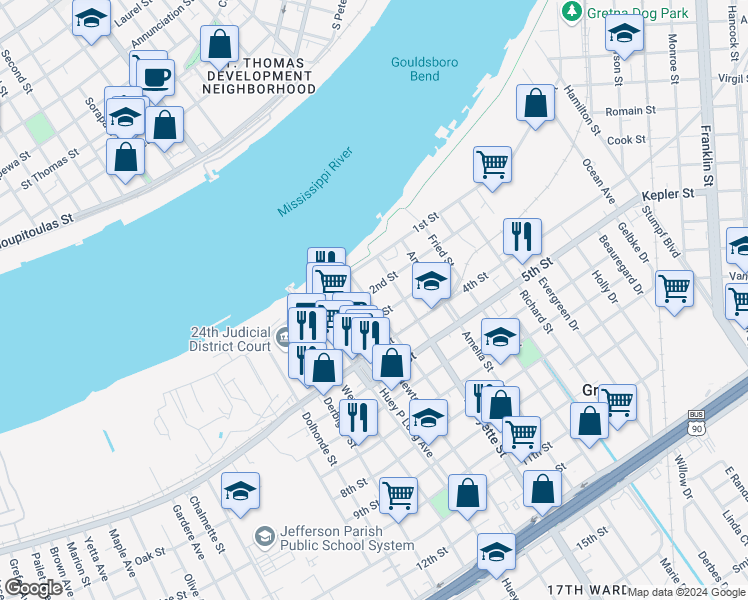 map of restaurants, bars, coffee shops, grocery stores, and more near 211 Newton Street in Gretna