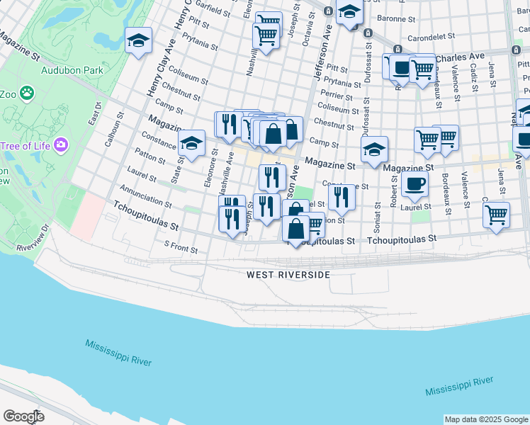 map of restaurants, bars, coffee shops, grocery stores, and more near 341 Octavia Street in New Orleans