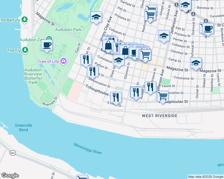 map of restaurants, bars, coffee shops, grocery stores, and more near 5973 Tchoupitoulas Street in New Orleans
