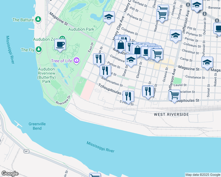 map of restaurants, bars, coffee shops, grocery stores, and more near 6039 Tchoupitoulas Street in New Orleans