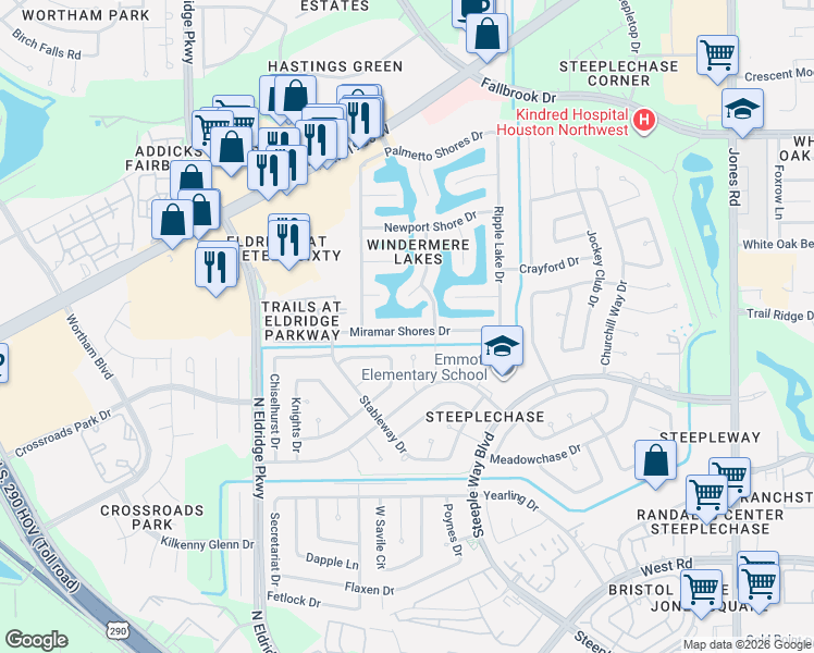 map of restaurants, bars, coffee shops, grocery stores, and more near 12031 Miramar Shores Drive in Houston