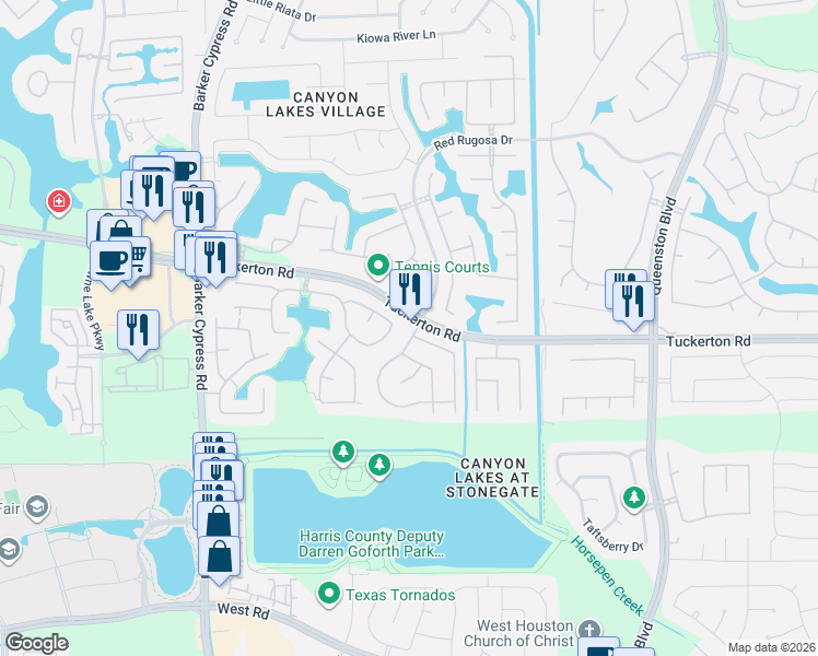 map of restaurants, bars, coffee shops, grocery stores, and more near 17235 Bedford Pass Drive in Houston