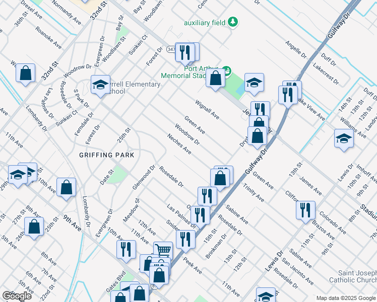 map of restaurants, bars, coffee shops, grocery stores, and more near 2108 Neches Avenue in Port Arthur