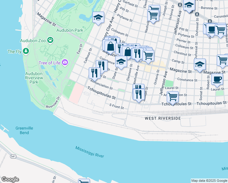 map of restaurants, bars, coffee shops, grocery stores, and more near 5973 Tchoupitoulas Street in New Orleans
