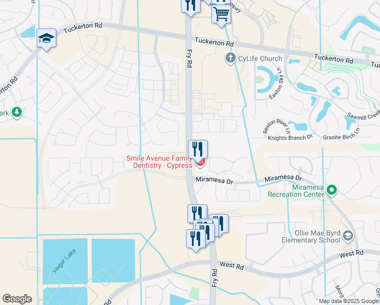 map of restaurants, bars, coffee shops, grocery stores, and more near 18300 Marvelous Place in Cypress
