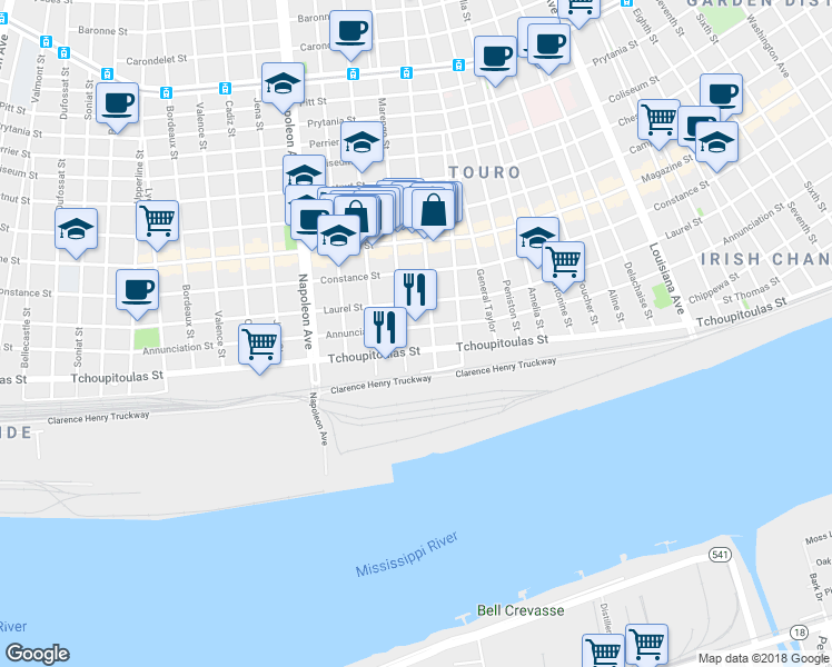 map of restaurants, bars, coffee shops, grocery stores, and more near 4037 Tchoupitoulas Street in New Orleans