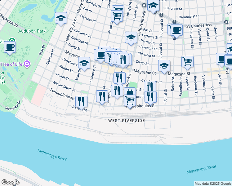 map of restaurants, bars, coffee shops, grocery stores, and more near 341 Octavia Street in New Orleans