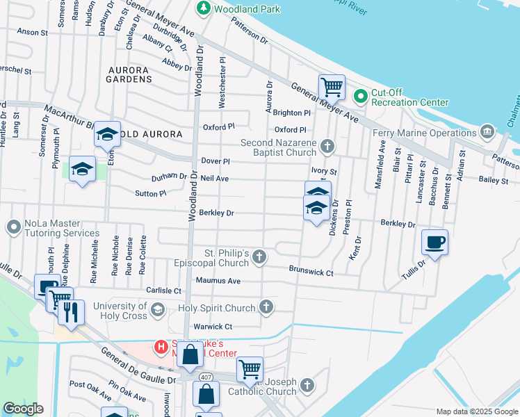 map of restaurants, bars, coffee shops, grocery stores, and more near 218 Berkley Drive in New Orleans