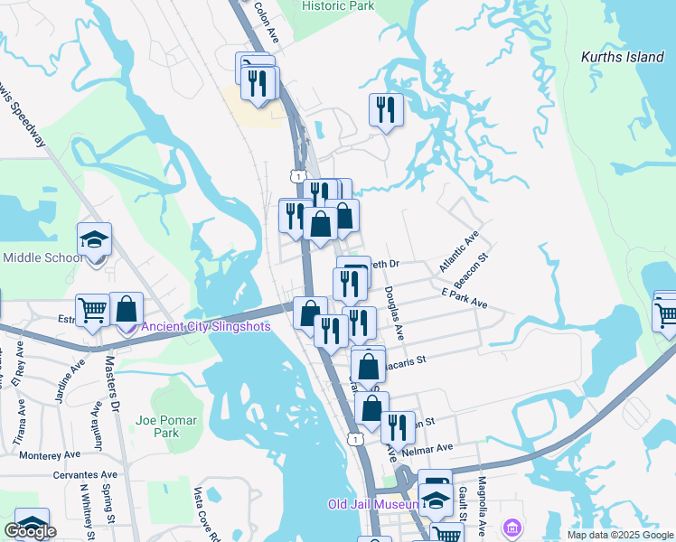 map of restaurants, bars, coffee shops, grocery stores, and more near 270 San Marco Avenue in St. Augustine