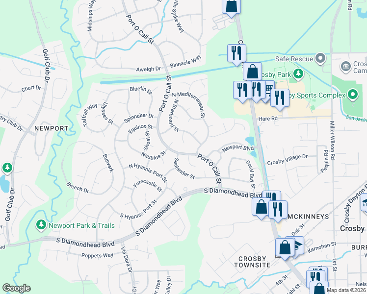 map of restaurants, bars, coffee shops, grocery stores, and more near 16303 Davy Jones Court in Crosby