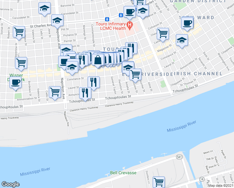 map of restaurants, bars, coffee shops, grocery stores, and more near 3906 Tchoupitoulas Street in New Orleans