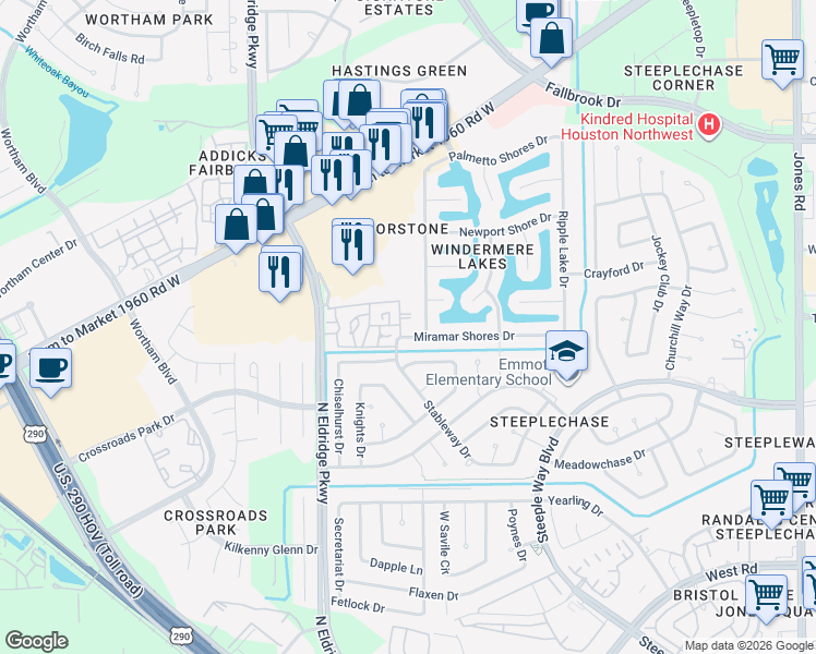 map of restaurants, bars, coffee shops, grocery stores, and more near 10000 North Eldridge Parkway in Houston