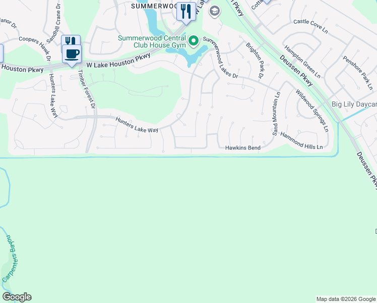 map of restaurants, bars, coffee shops, grocery stores, and more near 13923 Southern Spring Lane in Houston