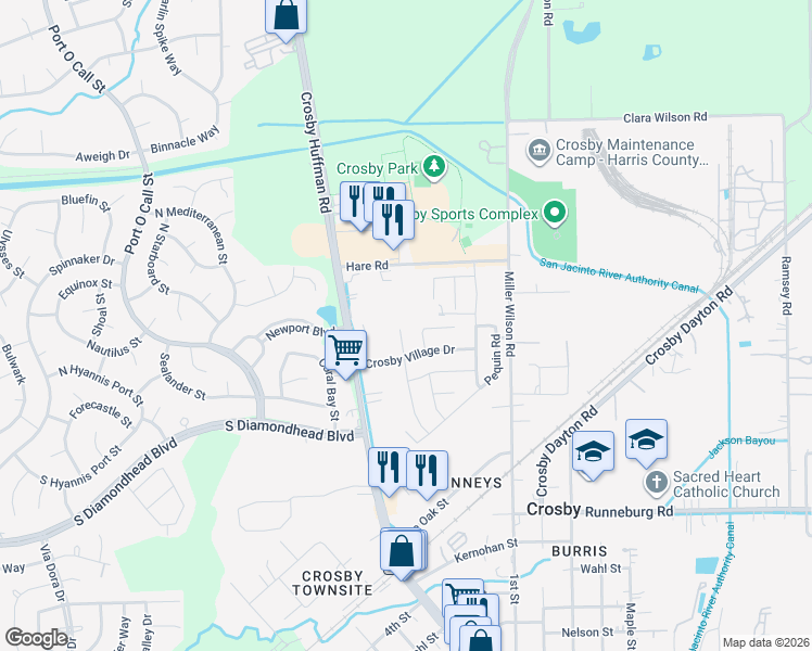 map of restaurants, bars, coffee shops, grocery stores, and more near 6230 Lovage Avenue in Crosby