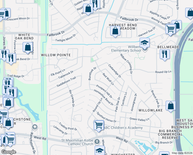 map of restaurants, bars, coffee shops, grocery stores, and more near 9910 Villa Verde Street in Houston