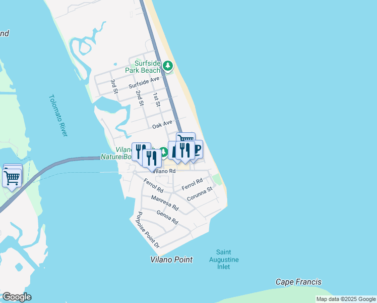 map of restaurants, bars, coffee shops, grocery stores, and more near 2822 Coastal Highway in St. Augustine