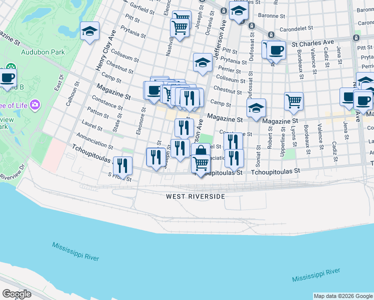 map of restaurants, bars, coffee shops, grocery stores, and more near 341 Octavia Street in New Orleans