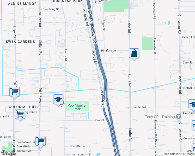 map of restaurants, bars, coffee shops, grocery stores, and more near 14003 West Hardy Road in Houston