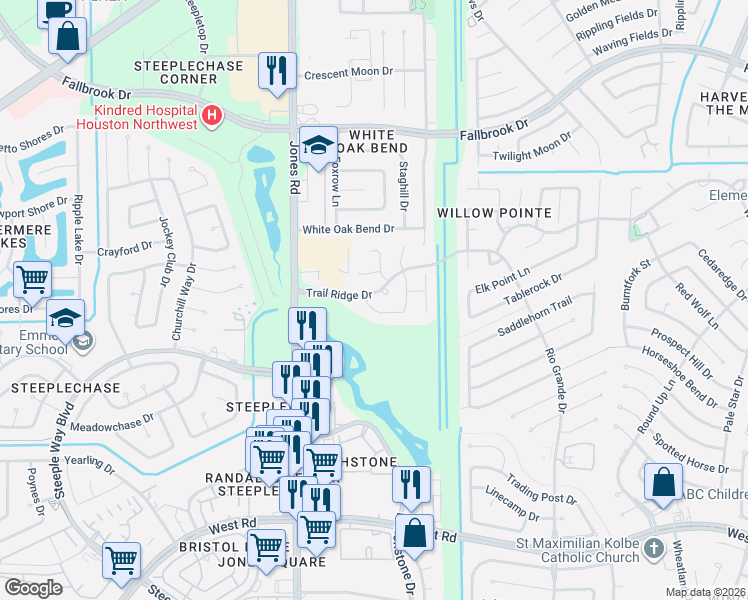 map of restaurants, bars, coffee shops, grocery stores, and more near 10831 Oak Bayou Lane in Houston