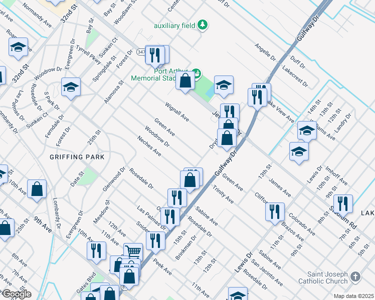 map of restaurants, bars, coffee shops, grocery stores, and more near 1923 Woodrow Drive in Port Arthur