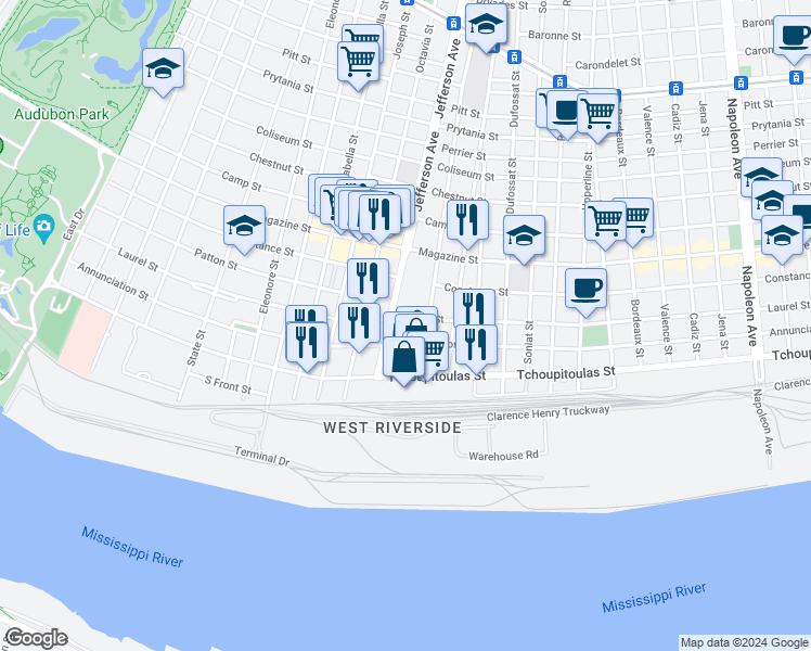 map of restaurants, bars, coffee shops, grocery stores, and more near 5370 Laurel Street in New Orleans