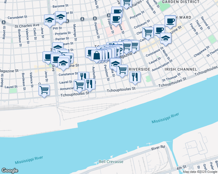 map of restaurants, bars, coffee shops, grocery stores, and more near 516 Peniston Street in New Orleans