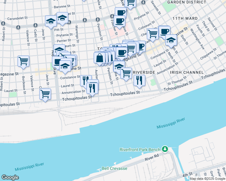 map of restaurants, bars, coffee shops, grocery stores, and more near 516 Peniston Street in New Orleans