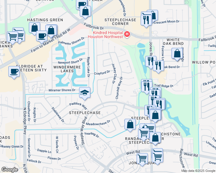 map of restaurants, bars, coffee shops, grocery stores, and more near 9915 Jockey Club Drive in Houston