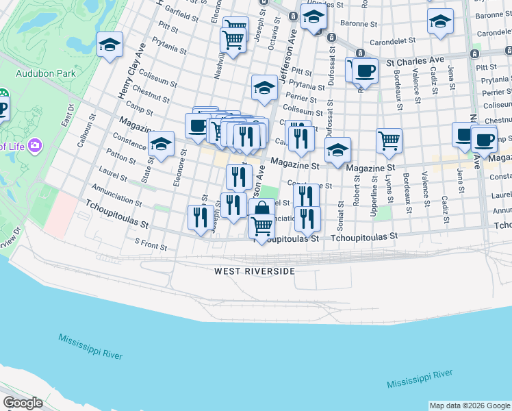 map of restaurants, bars, coffee shops, grocery stores, and more near 726 Jefferson Avenue in New Orleans