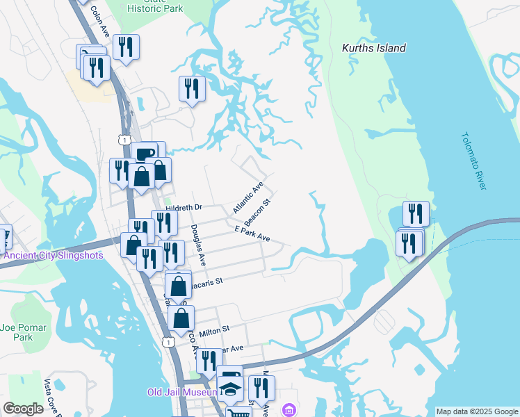 map of restaurants, bars, coffee shops, grocery stores, and more near 26 Beacon Street in St. Augustine
