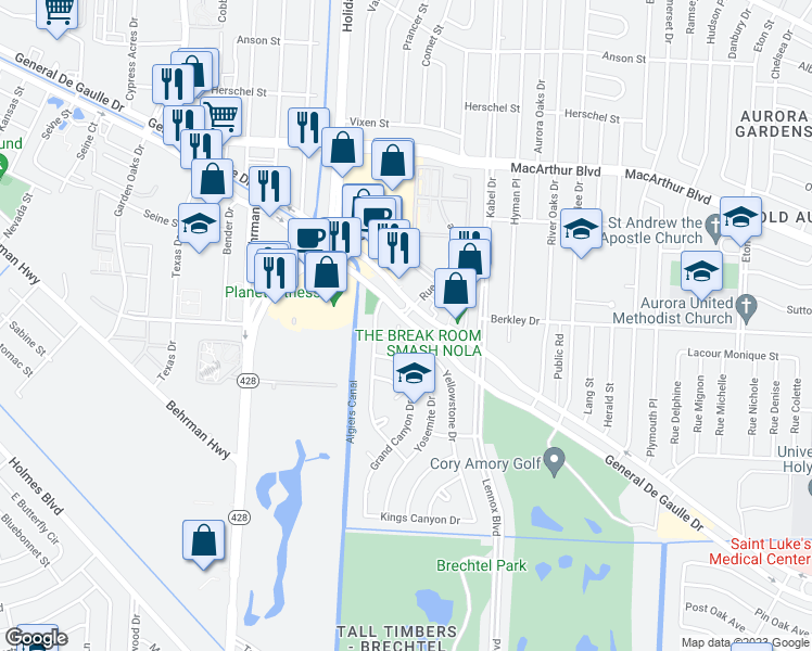 map of restaurants, bars, coffee shops, grocery stores, and more near 2 Park Timbers Drive in New Orleans