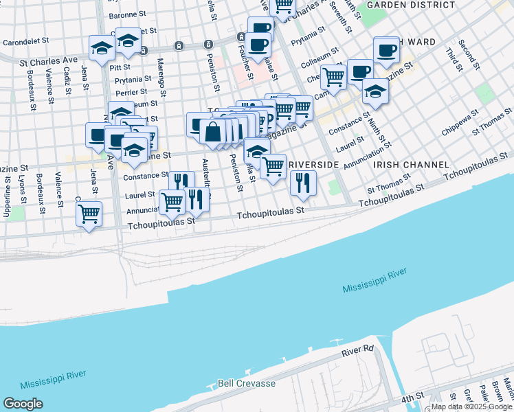 map of restaurants, bars, coffee shops, grocery stores, and more near 3717 Annunciation Street in New Orleans