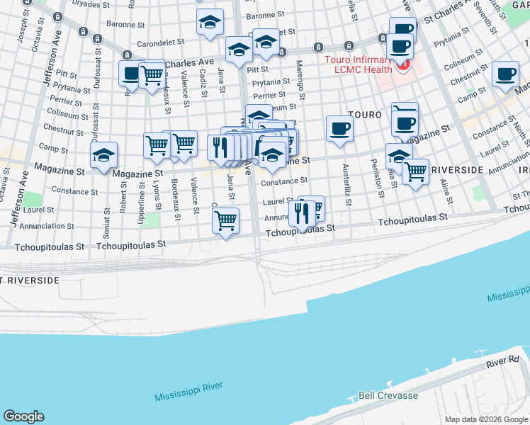 map of restaurants, bars, coffee shops, grocery stores, and more near 4315 Laurel Street in New Orleans