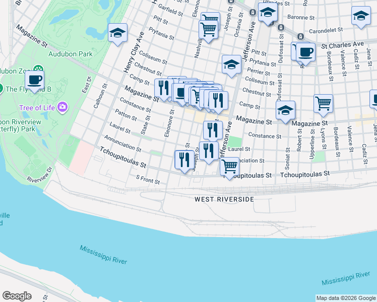 map of restaurants, bars, coffee shops, grocery stores, and more near 515 Arabella Street in New Orleans