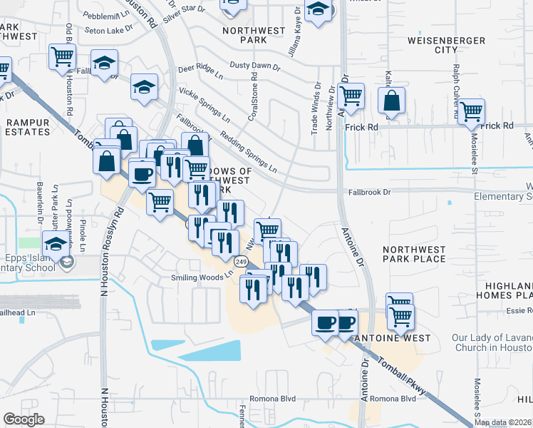 map of restaurants, bars, coffee shops, grocery stores, and more near 9822 Revelstoke Drive in Houston