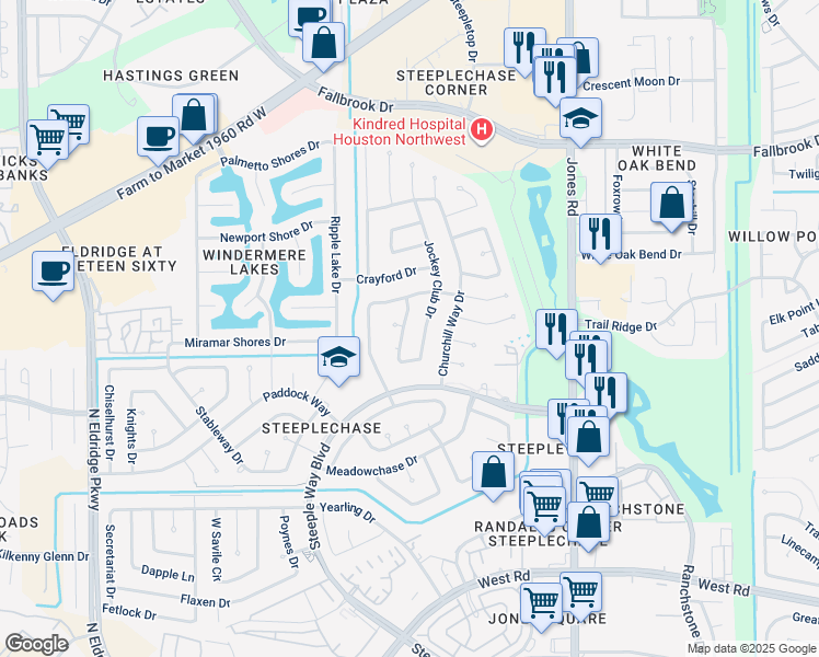 map of restaurants, bars, coffee shops, grocery stores, and more near 9915 Jockey Club Drive in Houston