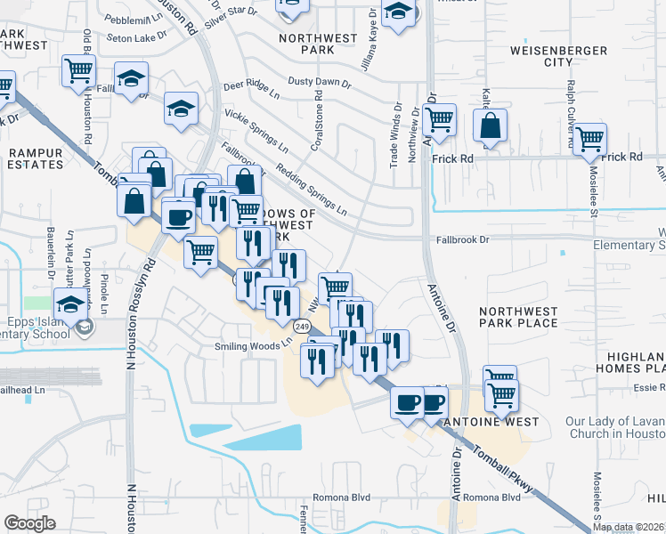 map of restaurants, bars, coffee shops, grocery stores, and more near 9822 Revelstoke Drive in Houston