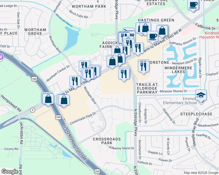 map of restaurants, bars, coffee shops, grocery stores, and more near 12727 Farm to Market 1960 Road West in Houston