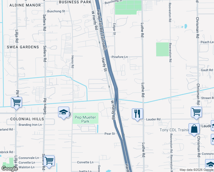 map of restaurants, bars, coffee shops, grocery stores, and more near 14003 West Hardy Road in Houston