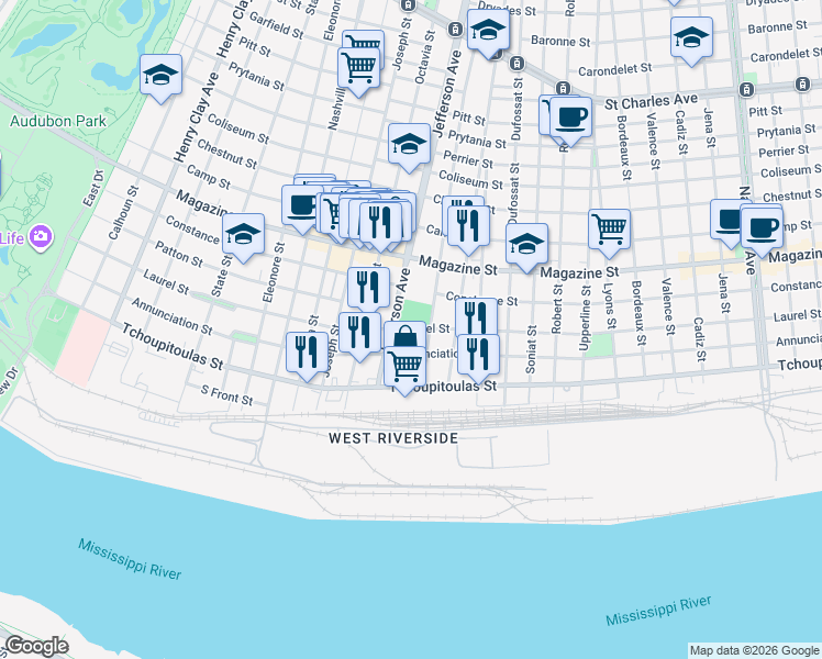 map of restaurants, bars, coffee shops, grocery stores, and more near 726 Jefferson Avenue in New Orleans