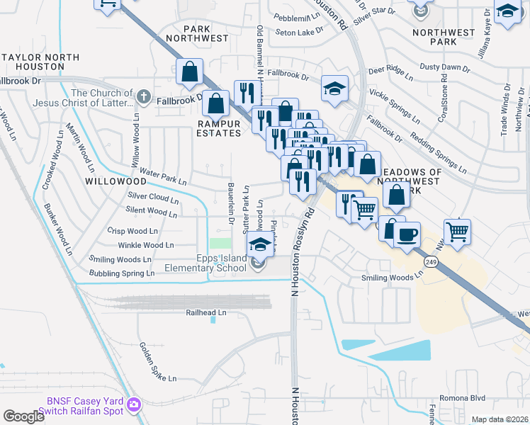 map of restaurants, bars, coffee shops, grocery stores, and more near 9534 Spiralwood Lane in Houston