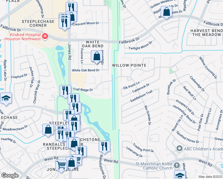 map of restaurants, bars, coffee shops, grocery stores, and more near 10138 Bayou Manor Lane in Houston