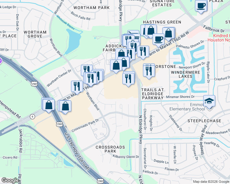 map of restaurants, bars, coffee shops, grocery stores, and more near 12727 Farm to Market 1960 Road West in Houston