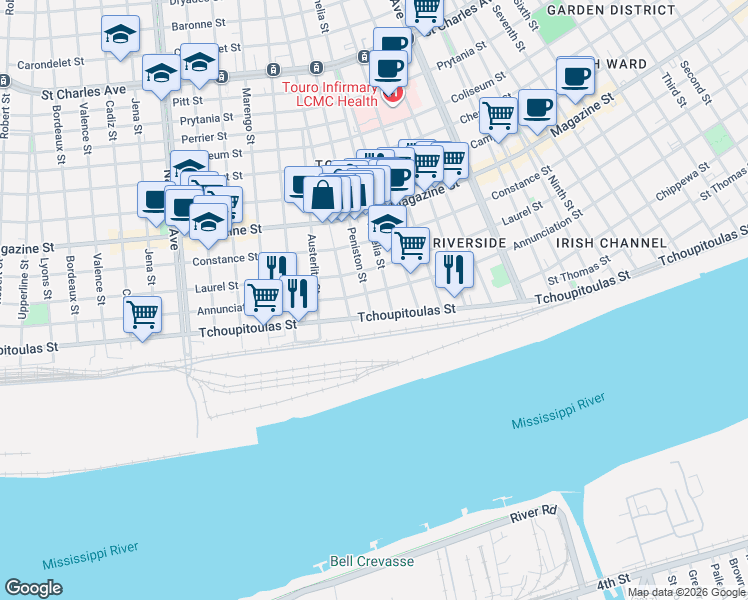 map of restaurants, bars, coffee shops, grocery stores, and more near 3717 Annunciation Street in New Orleans