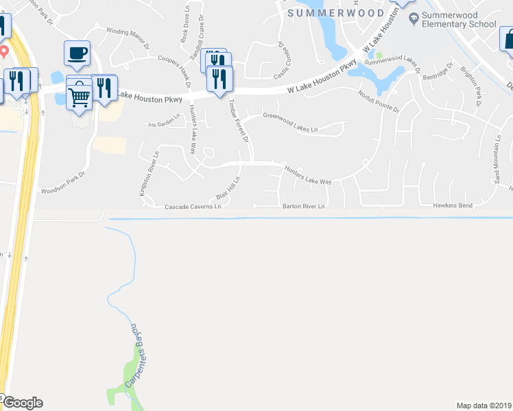 map of restaurants, bars, coffee shops, grocery stores, and more near 16119 Barton River Lane in Houston